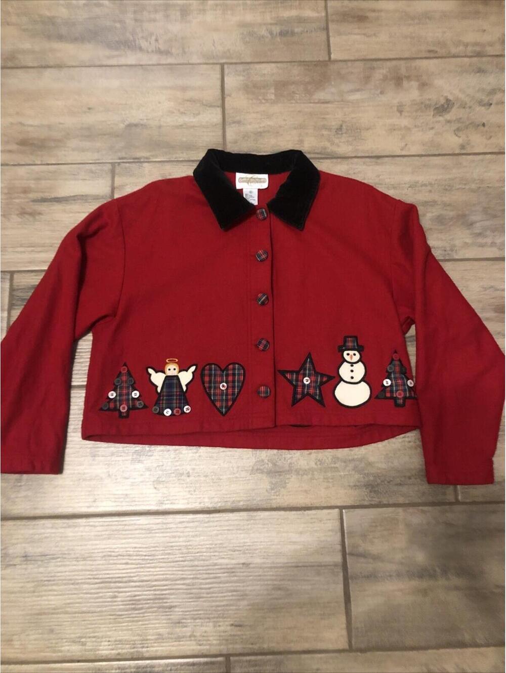 Vtg Cambridge Dry Goods Christmas Cropped Button Up Wool Flannel Sz M‎